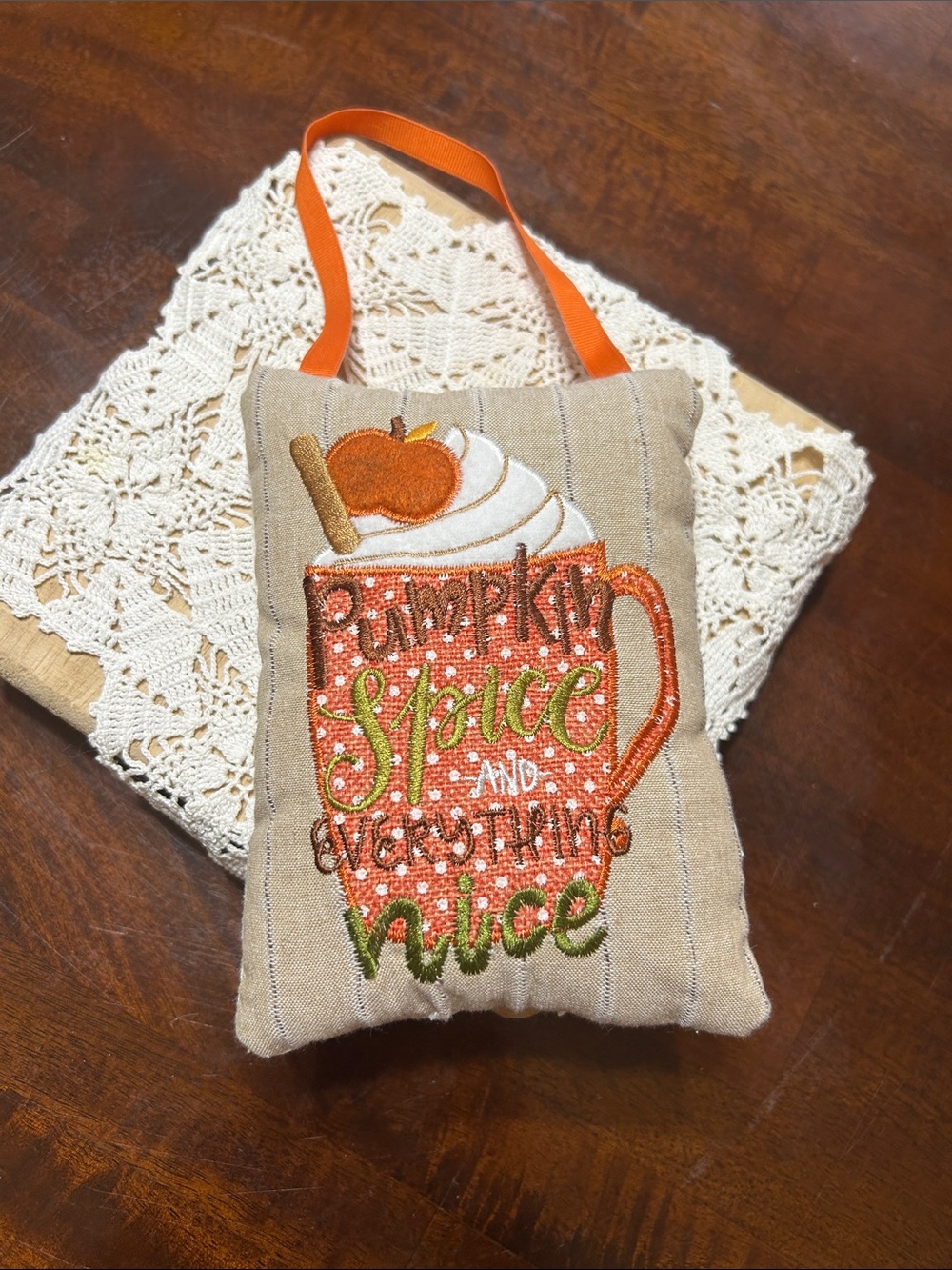 “Pumpkin Spice and Everything Nice” Tiered Tray Hanging Pillow Embroidered
